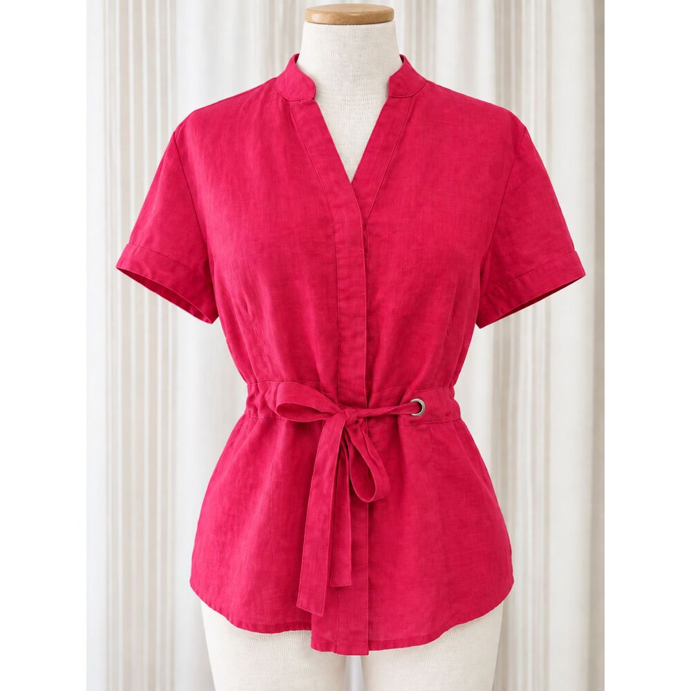 Red Linen Tie Waist Button Front Blouse Women’s S/M 105